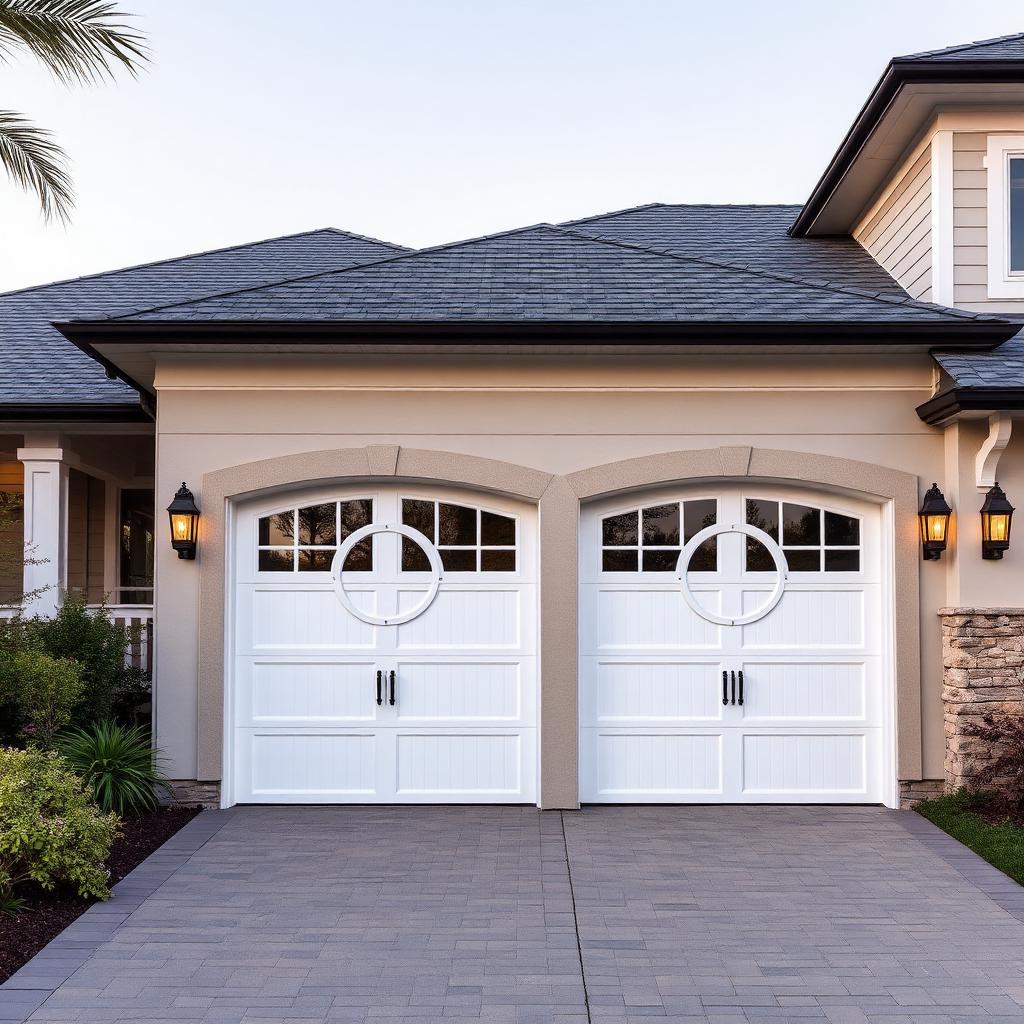 Coastal style garage doors with porthole windows installation in Connecticut
