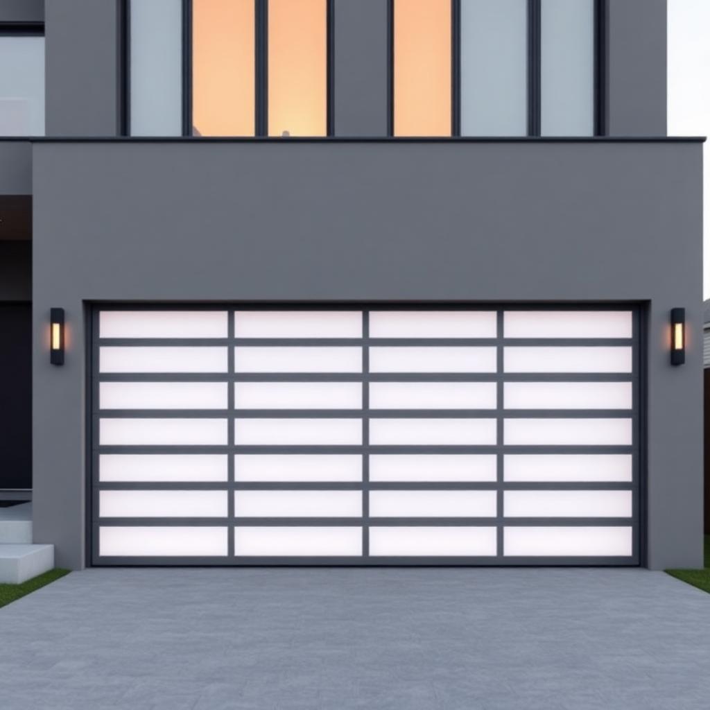 Modern aluminum and glass garage door on contemporary home