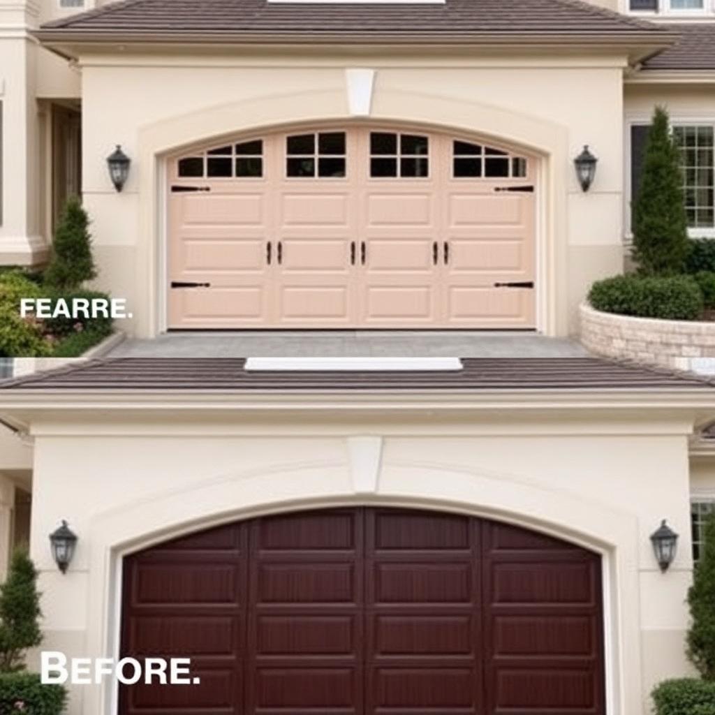 Before and after garage door installation comparison showing quality craftsmanship